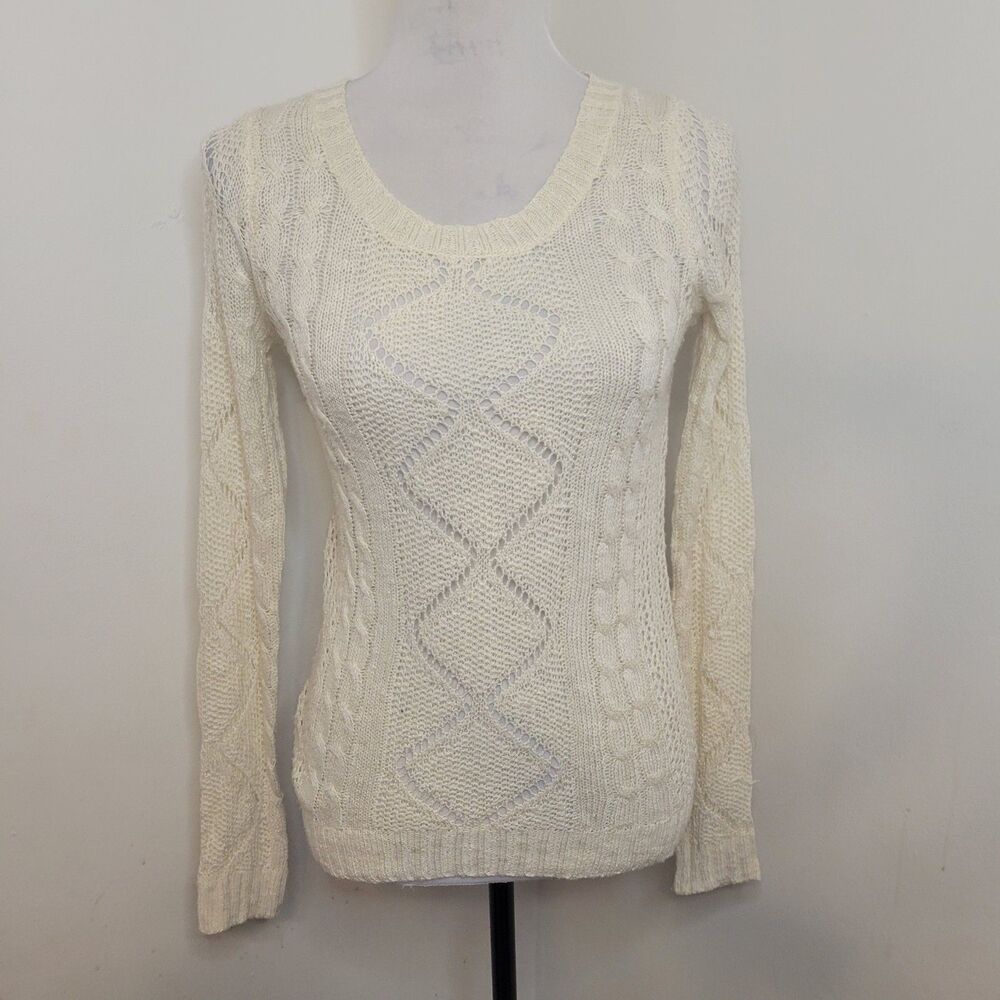 Pink Rose Women’s Small Cream Cable‎ Knit Sweater Crew Neck Long Sleeve Boho